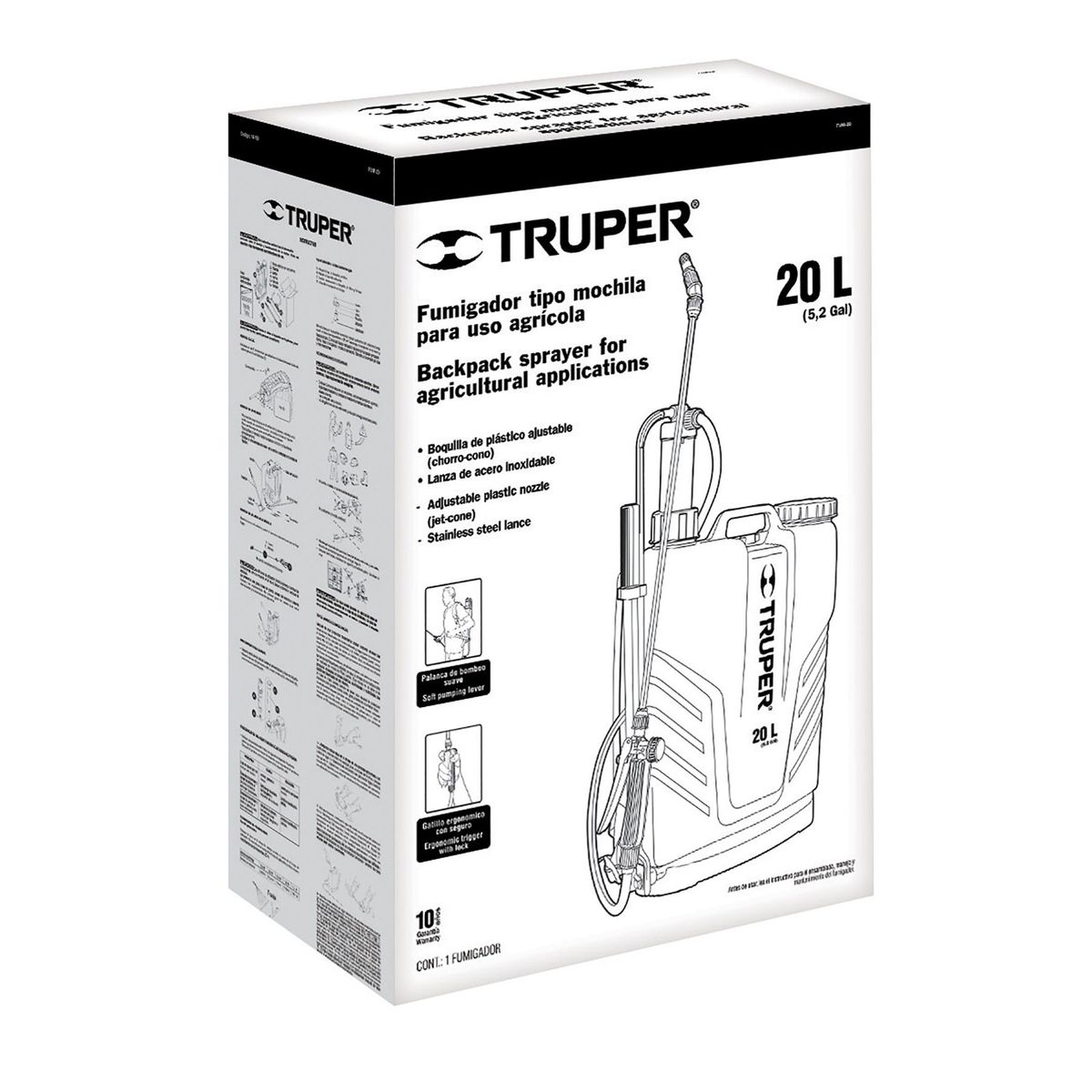 TRUPER - Fumigador Manual De Mochila, 20 L (5.2 Gal), 60 Psi, 3.6 Kg Truper