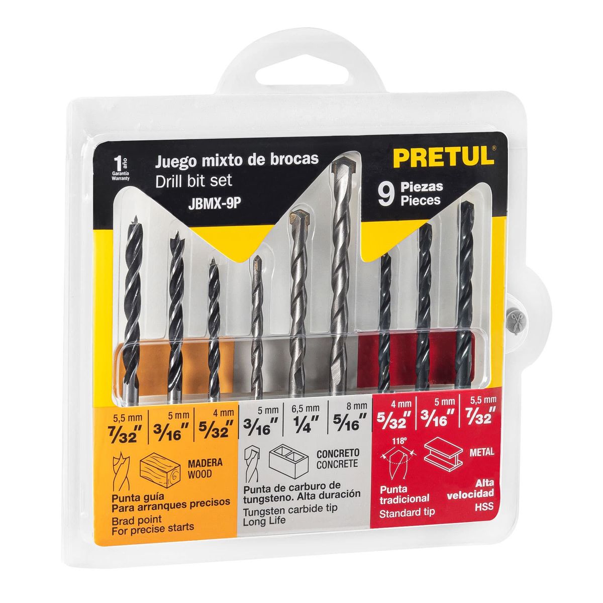 PRETUL - Juego De 9 Brocas Acero Rápido, Concreto Y Madera Pretul