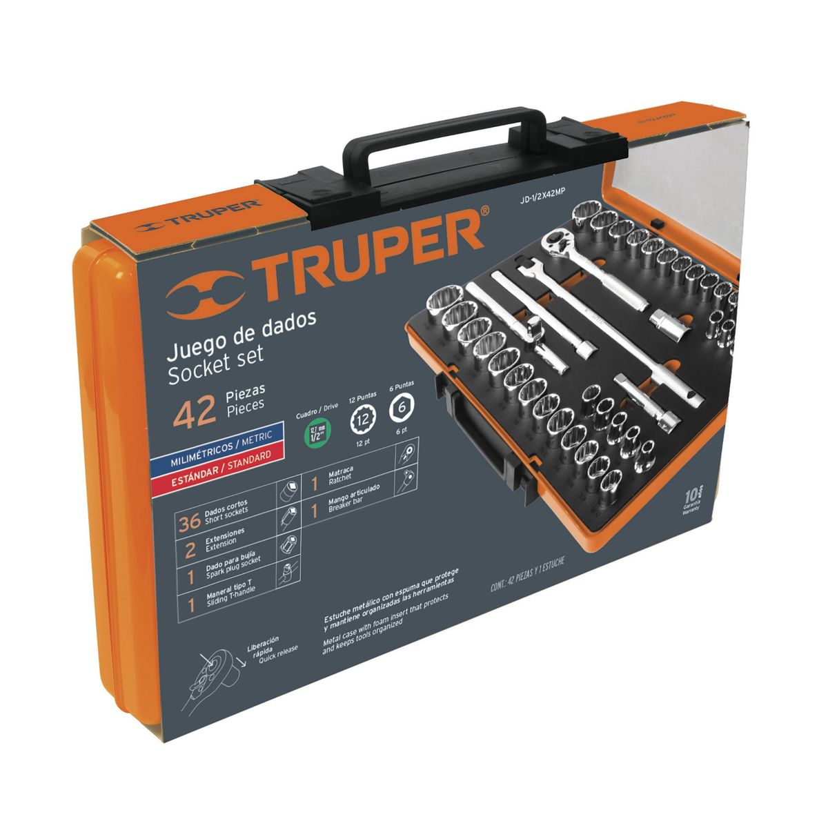 TRUPER - Juego De Copas Mixtas Con 42 Piezas, Cuadrante De 1/2" Truper