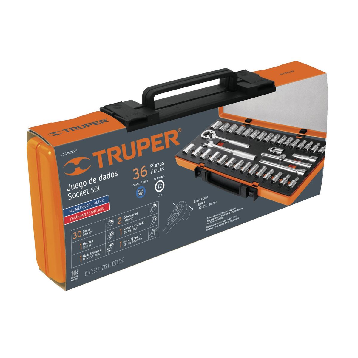 TRUPER - Juego De Copas Mixtas Con 36 Piezas, Cuadrante De 3/8" Truper
