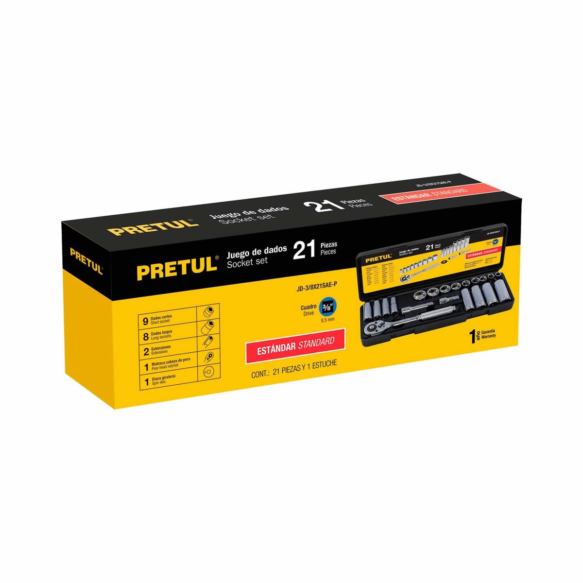 PRETUL - Juego De Copas En Pulgadas Con 21 Piezas, Cuadrante De 3/8" Pretul