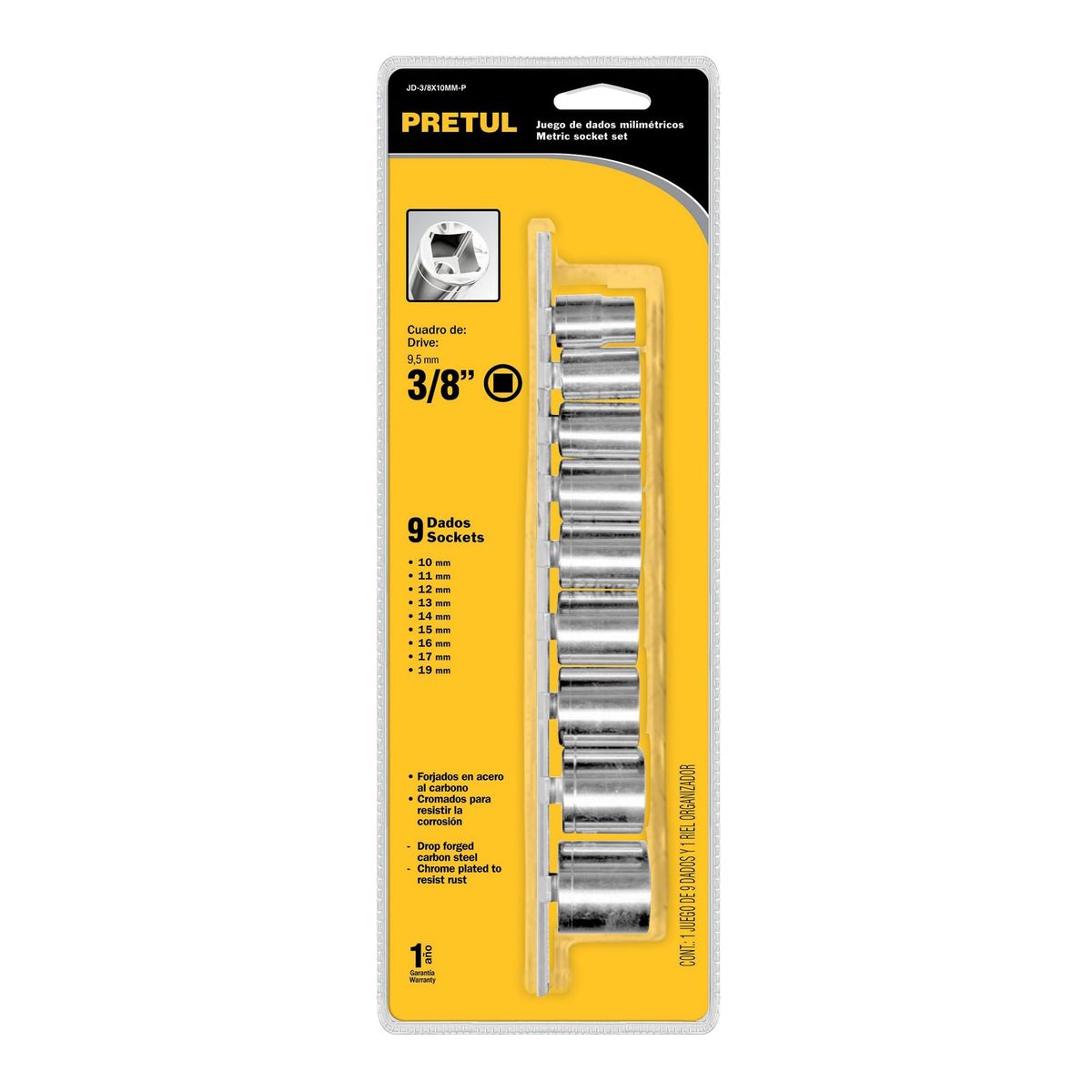PRETUL - Juego De 9 Copas Desde 10 Mm Hasta 19 Mm, Cuadrante 3/8" Pretul