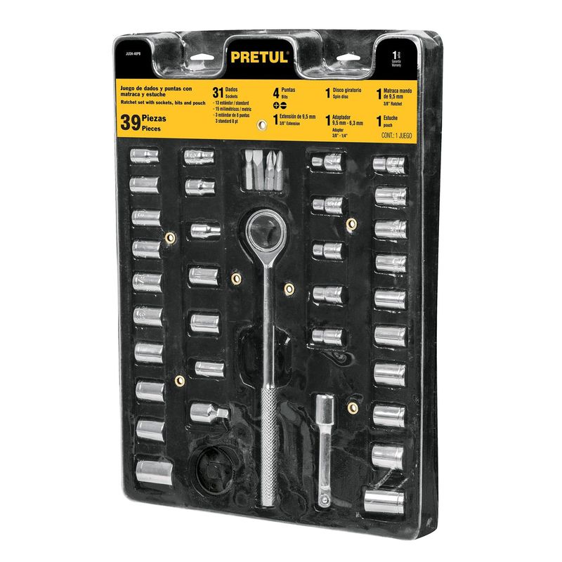 PRETUL - Juego De Copas, Puntas Y Ratchet 39 Piezas, 1/4" Y 3/8" Pretul