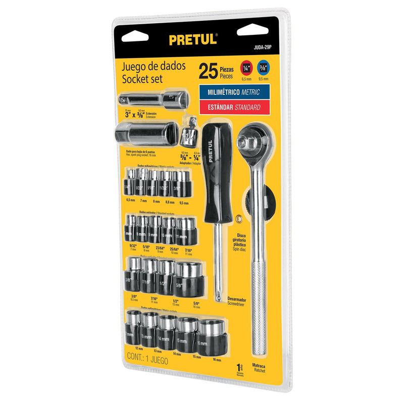 PRETUL - Juego De Copas Y Ratchet 25 Piezas, Cuadrante 1/4" Y 3/8" Pretul