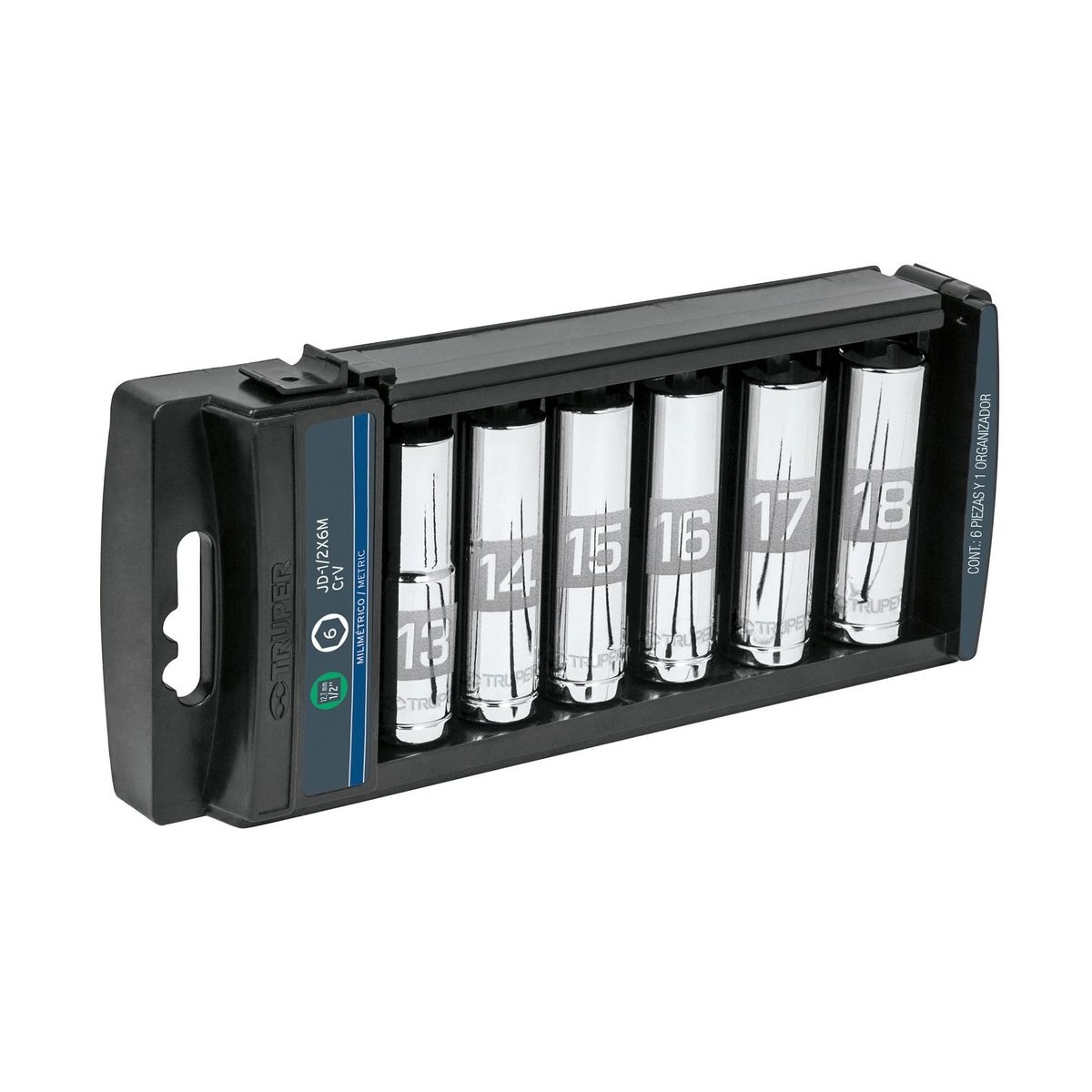TRUPER - Juego De 6 Copas Estándar Largas Métricas, Cuadrante 1/2" Truper