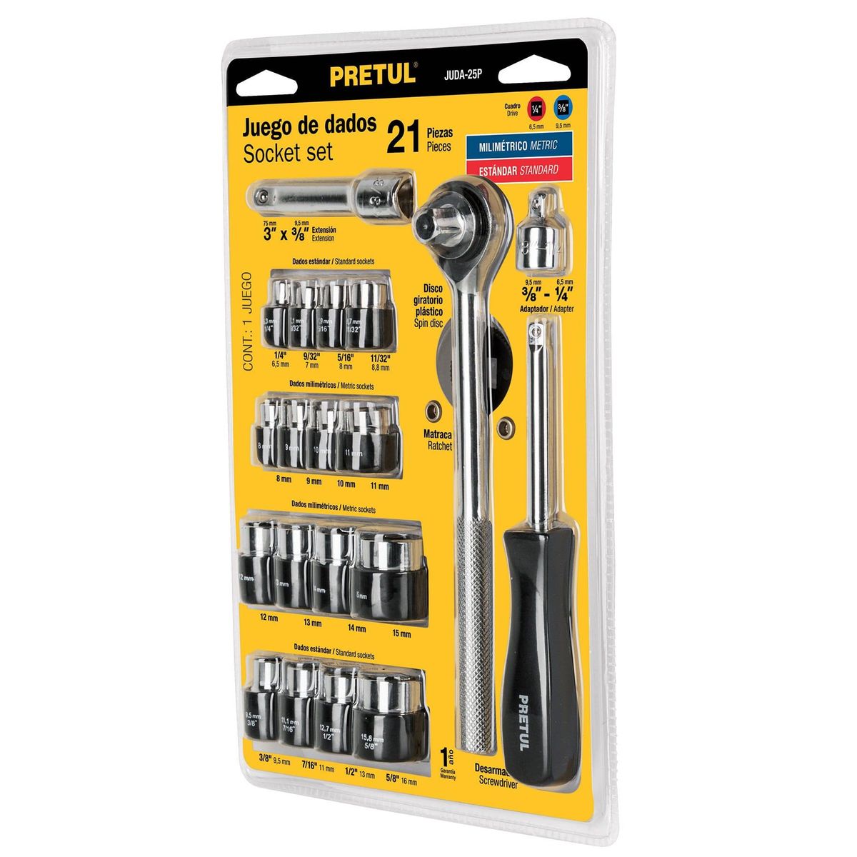 PRETUL - Juego De Copas Y Ratchet 21 Piezas, Cuadrante 1/4" Y 3/8" Pretul