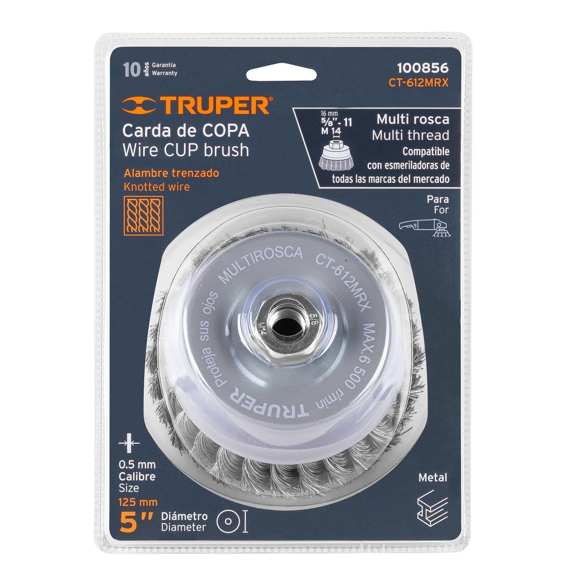 TRUPER - Grata Copa De Alambre Trenzado Grueso De 5", Eje Multi-Rosca Truper
