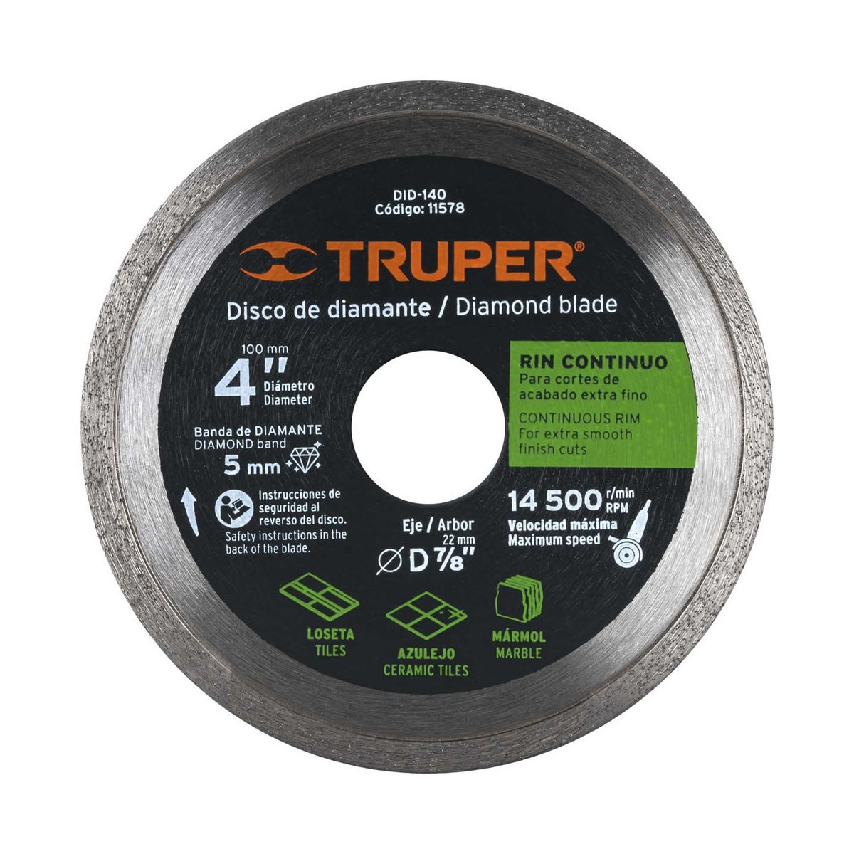 TRUPER - Disco De Diamante Rin Continuo De 4", Centro 7/8" Truper
