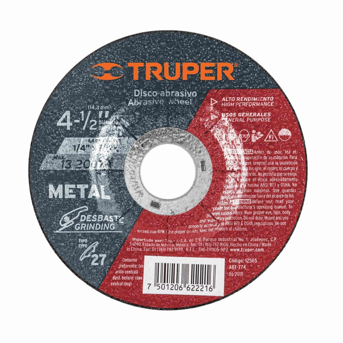 TRUPER - Disco Debaste De Metal De 4.1/2", Uso General Truper