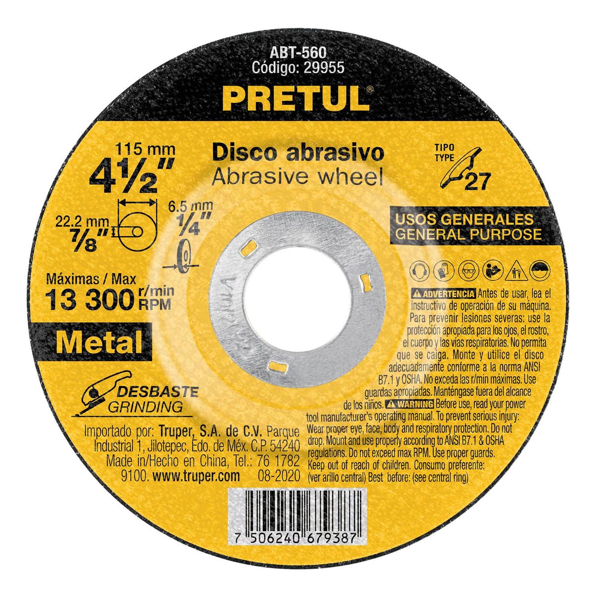 PRETUL - Disco Para Desbaste De Metal De 4.1/2", 6.2 Mm, 13.200 Rpm Pretul