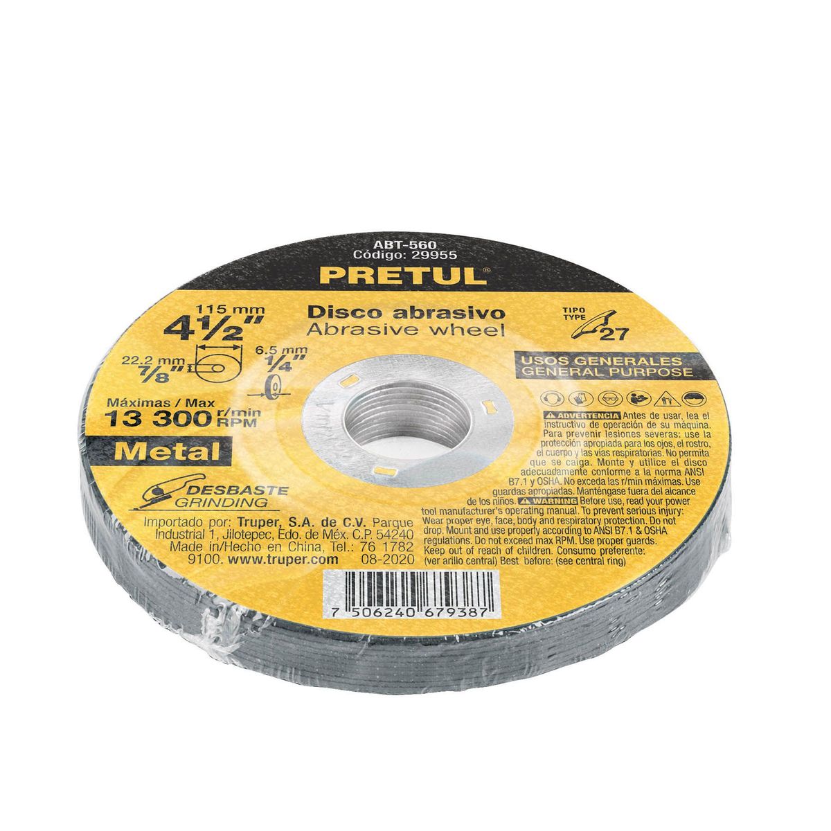 PRETUL - Disco Para Desbaste De Metal De 4.1/2", 6.2 Mm, 13.200 Rpm Pretul