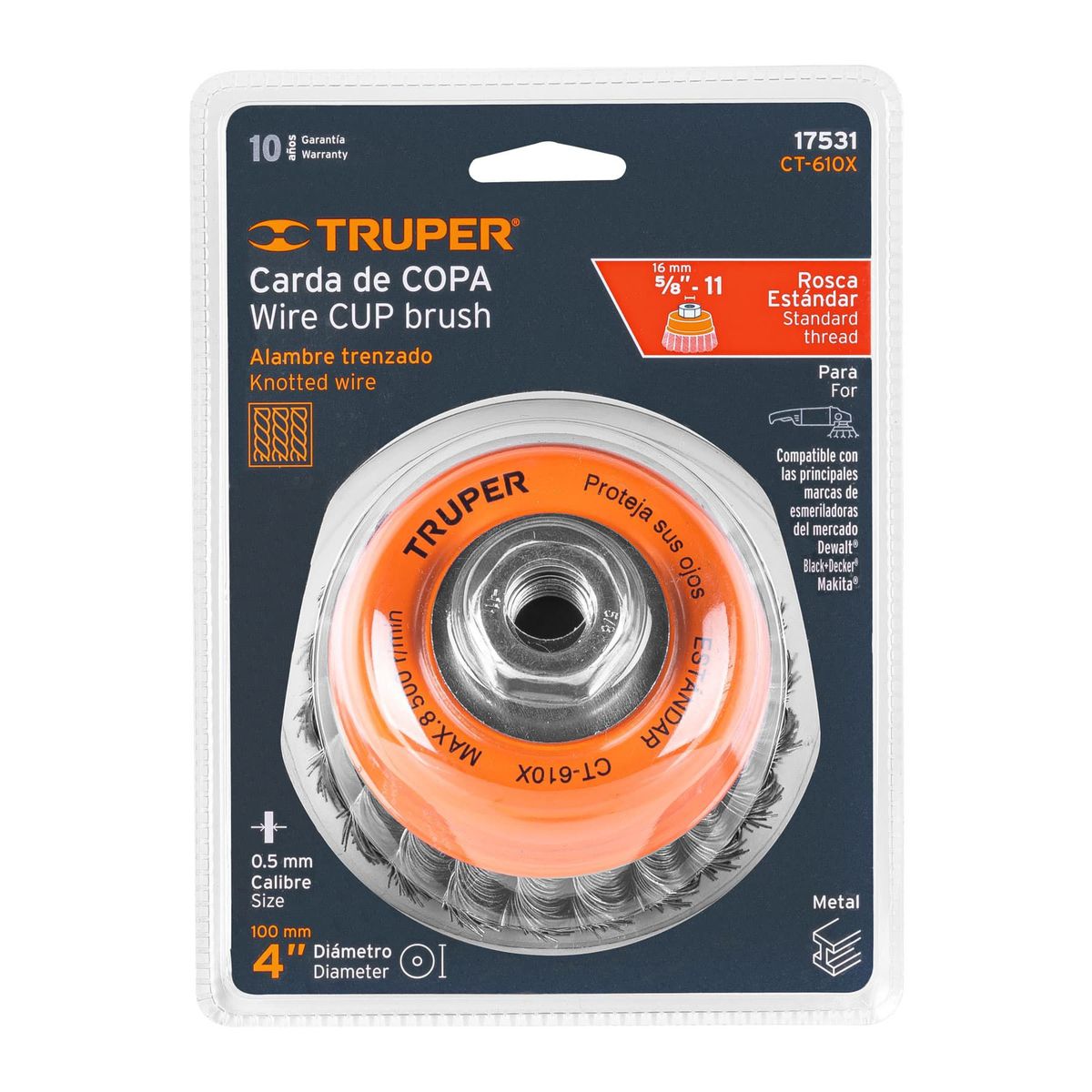 TRUPER - Grata Copa De Alambre Trenzado Grueso De 4", Eje De 5/8-11 Truper