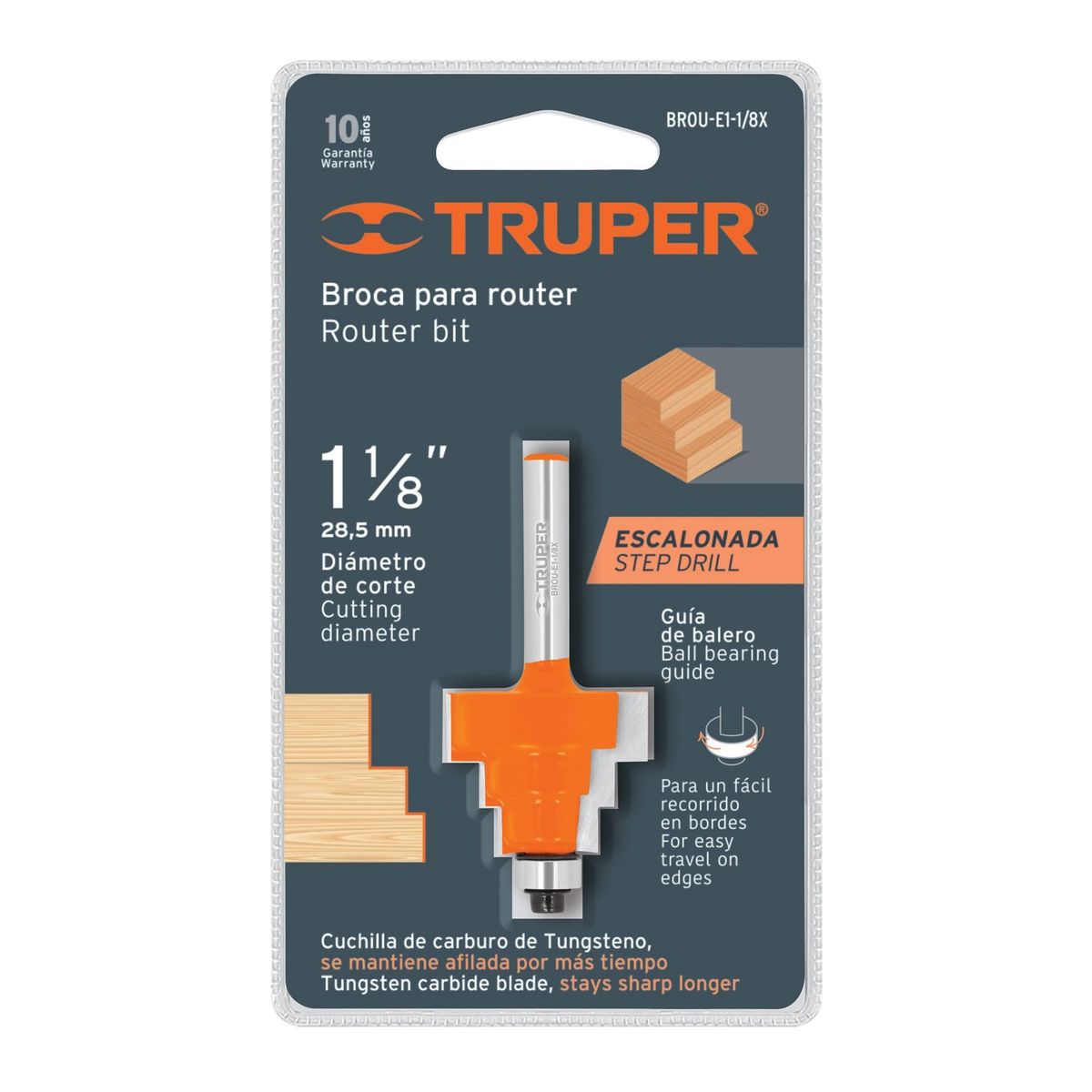 TRUPER - Fresa Escalonada Balinera, Diámetro 1.1/8", Corte 22.2 Mm Truper