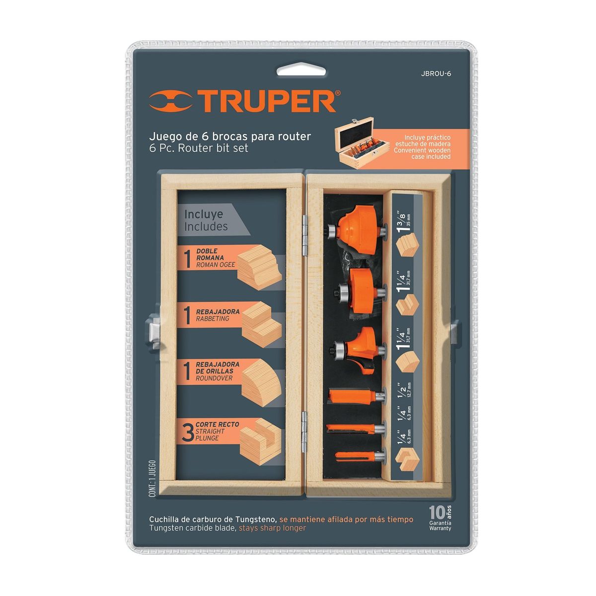 TRUPER - Juego de 6 Fresas para Ruteadora con Estuche de Madera Truper
