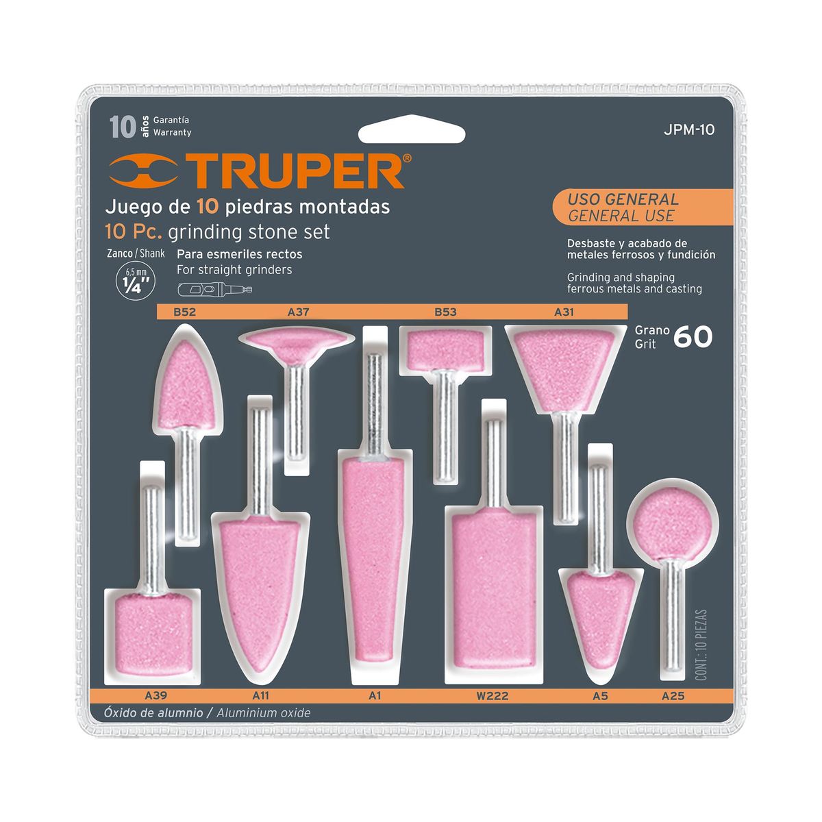 TRUPER - Juego De 10 Puntas Montadas Para Esmeril, Zanco 1/4" Truper