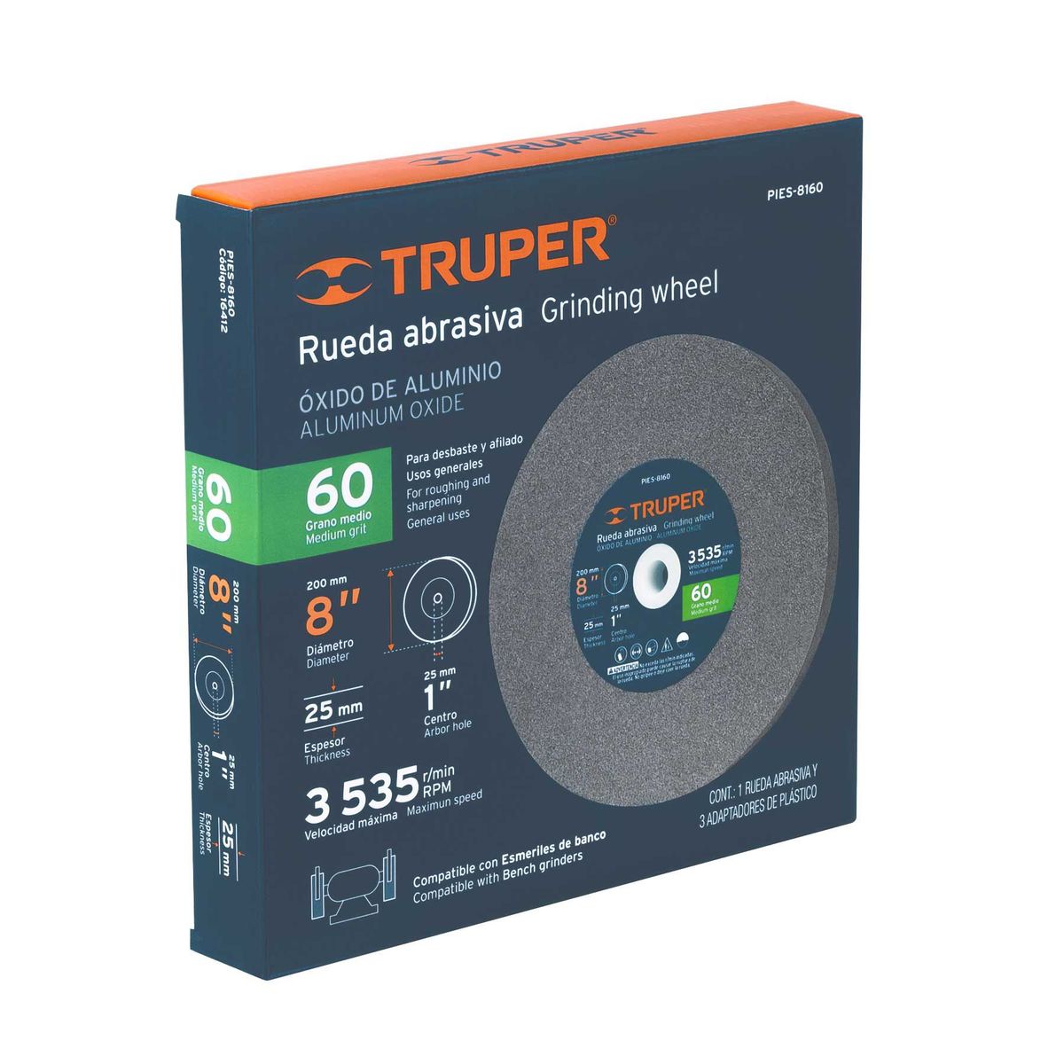 TRUPER - Piedra Abrasiva De 8" Para Esmeril, Grano 60, Espesor 1" Truper