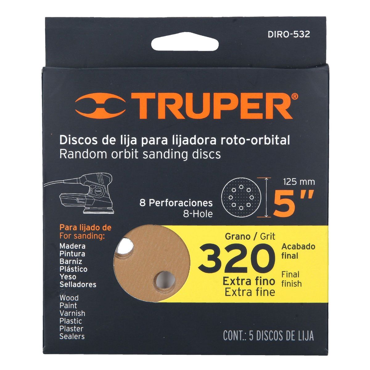 TRUPER - 5 Discos De Lija 5" Para Lijadora Roto-Obital Grano 320 Truper