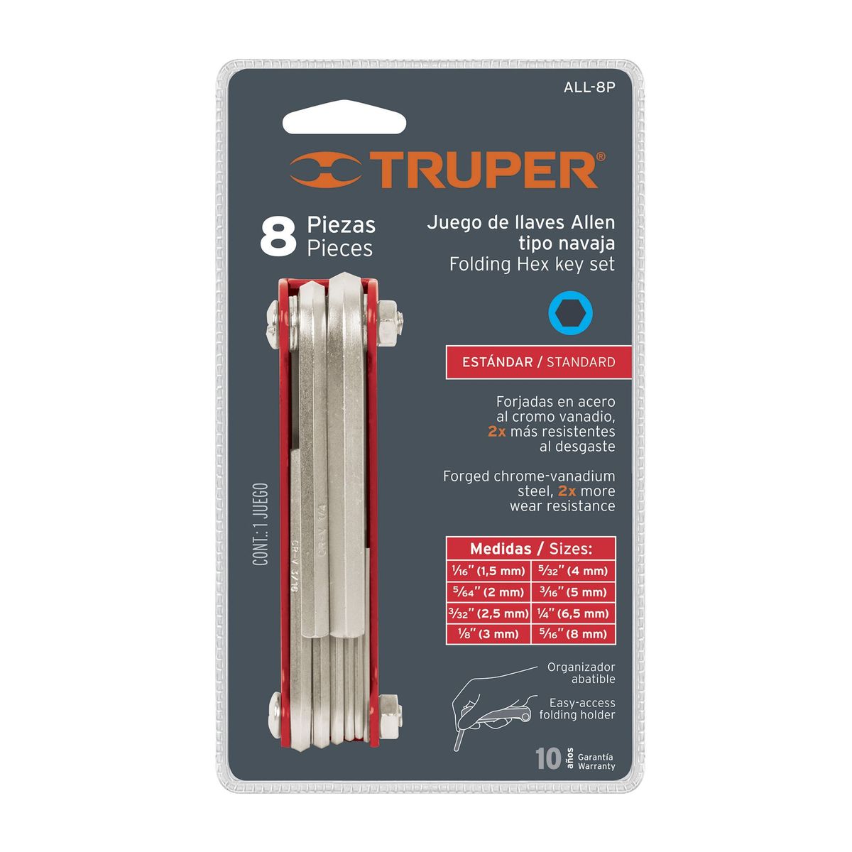 TRUPER - Juego De 8 Llaves Bristol O Allen En Pulgadas, Tipo Navaja Truper