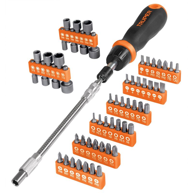 TRUPER - Destornillador Tipo Ratchet Con Puntas Y Copas 58 Piezas Truper