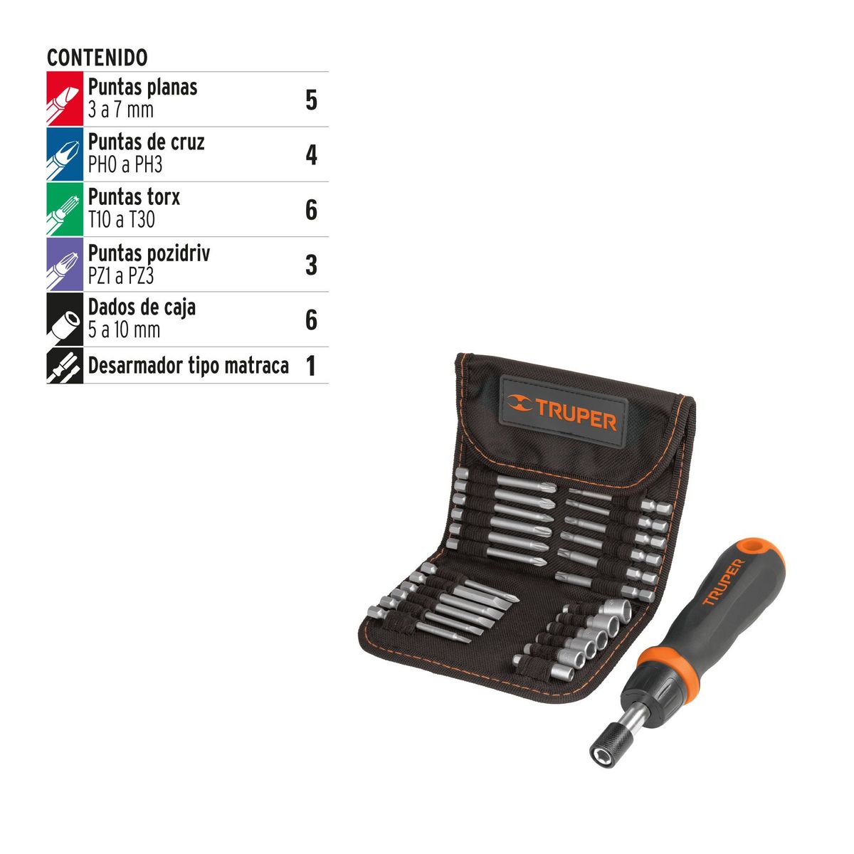TRUPER - Juego De Puntas Y Copas Con Destornillador Ratchet 24 Piezas Truper