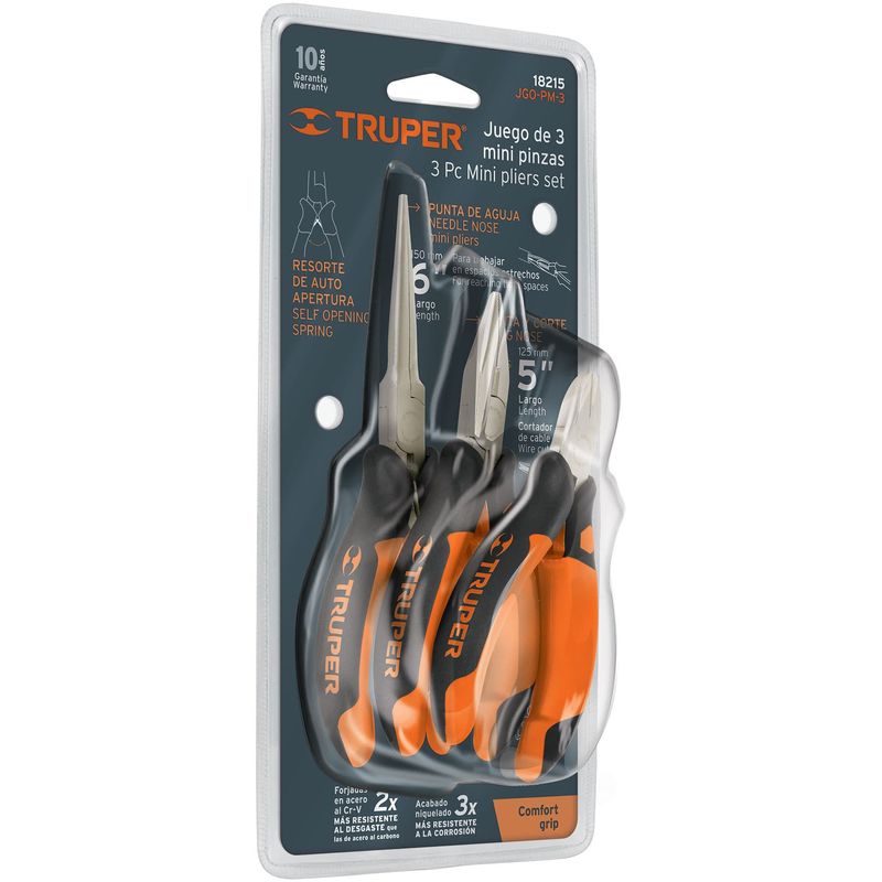 TRUPER - Juego De 3 Alicates En Acero Al Cromo Vanadio, Comfort Grip Truper