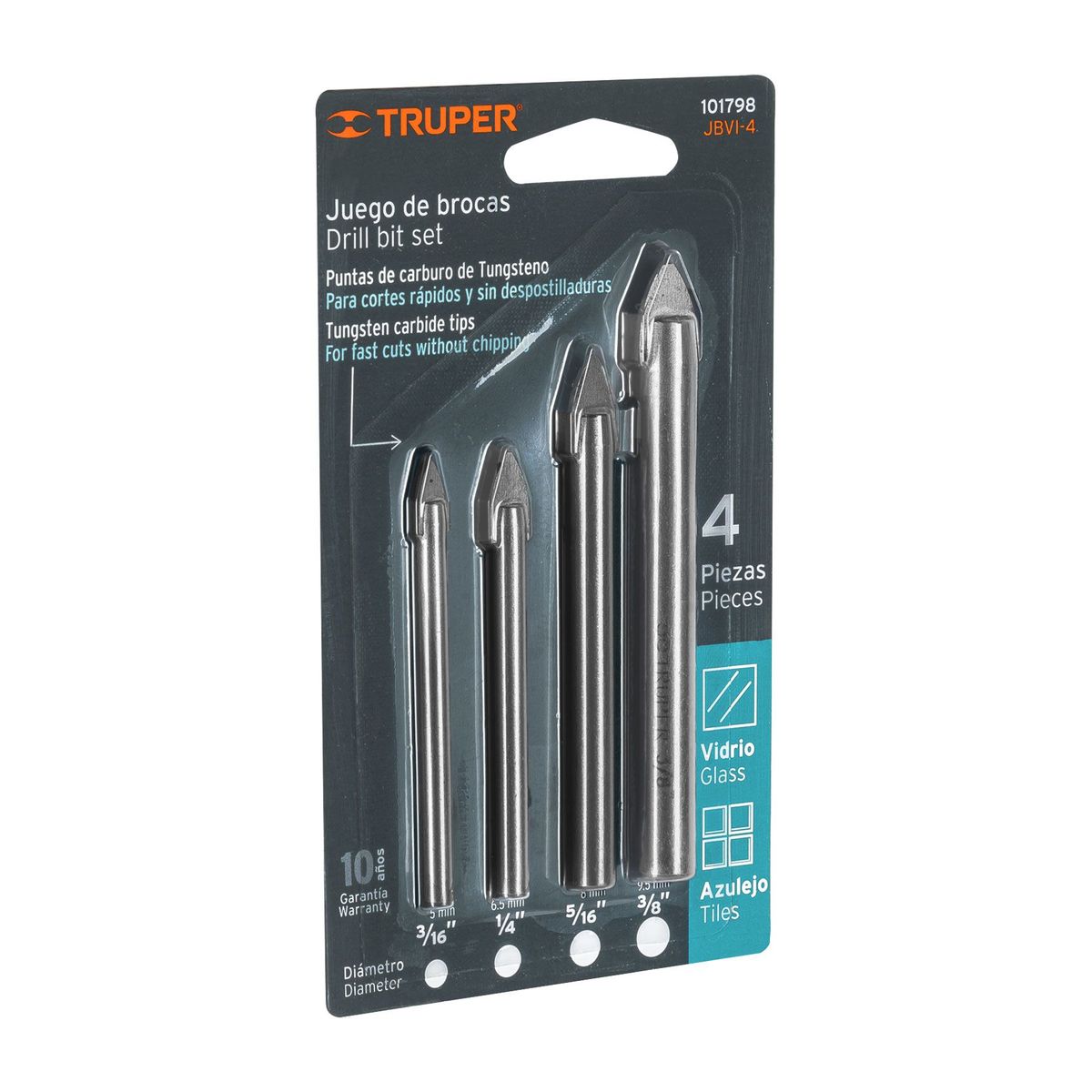TRUPER - Juego De 4 Brocas Para Vidrio Y Baldosa De 3/16" A 3/8" Truper