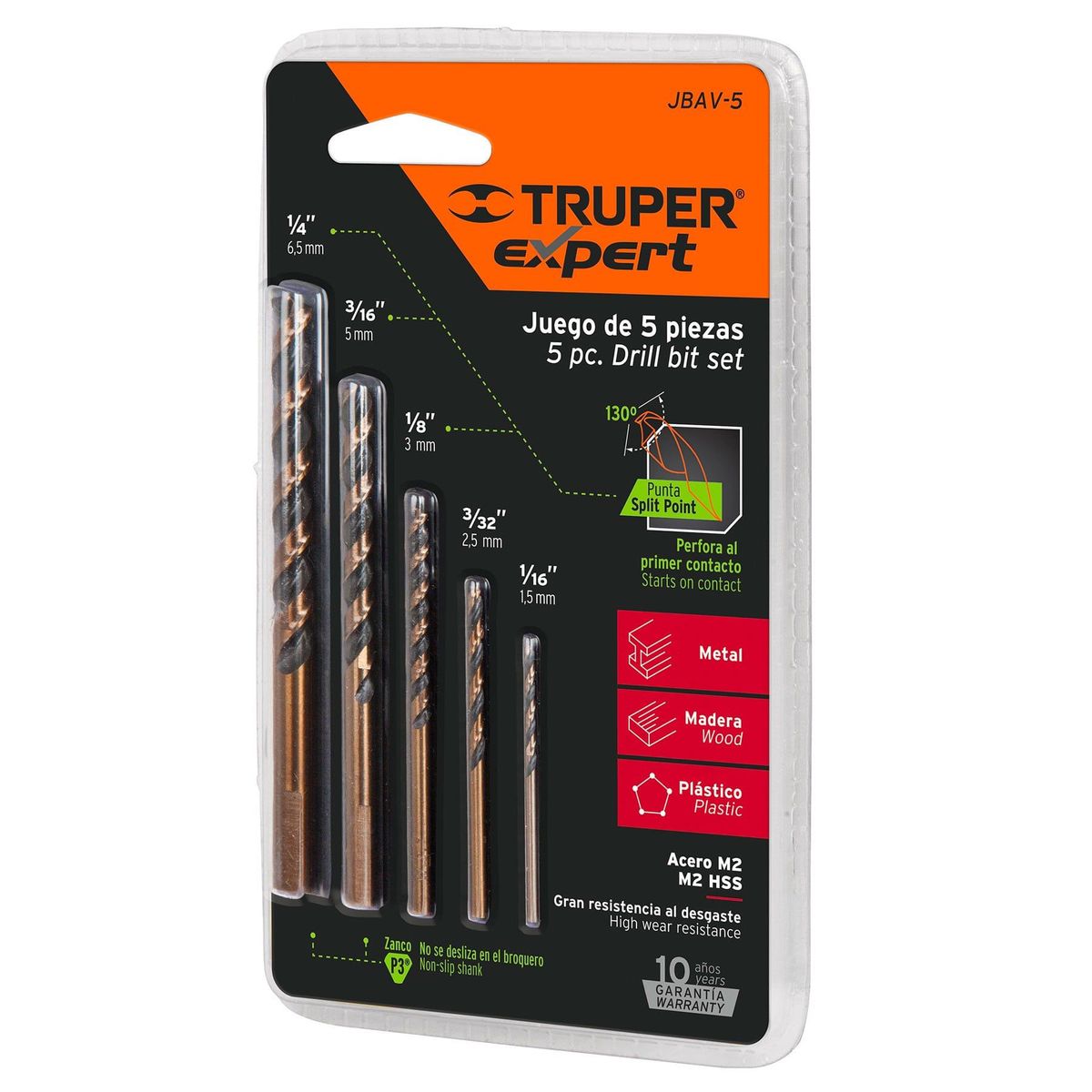TRUPER - Juego De 5 Brocas Acero Rápido Para Metal, Madera Y Plástico Truper