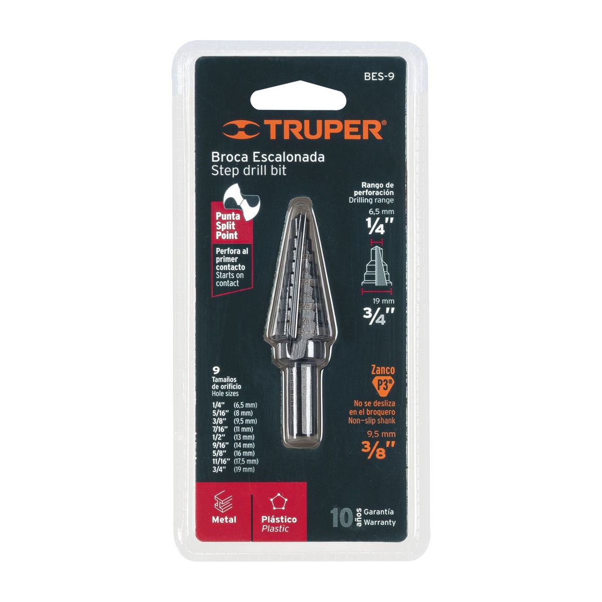 TRUPER - Broca Escalonada 1/4" A 3/4" De 9 Escalones Óxido Negro Truper