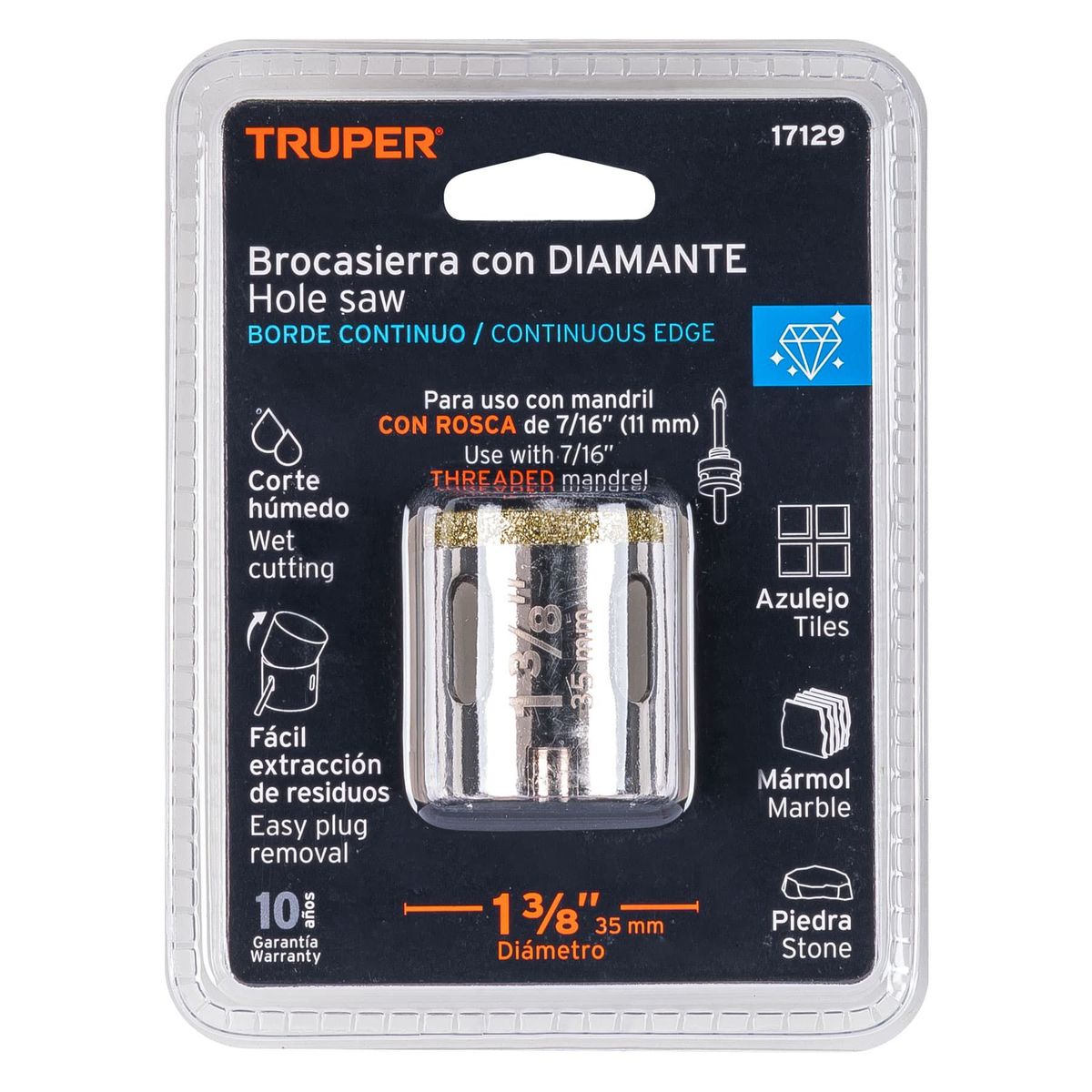 TRUPER - Sierra Copa Diamantada De 1.3/8" (35 Mm) Borde Continuo Truper