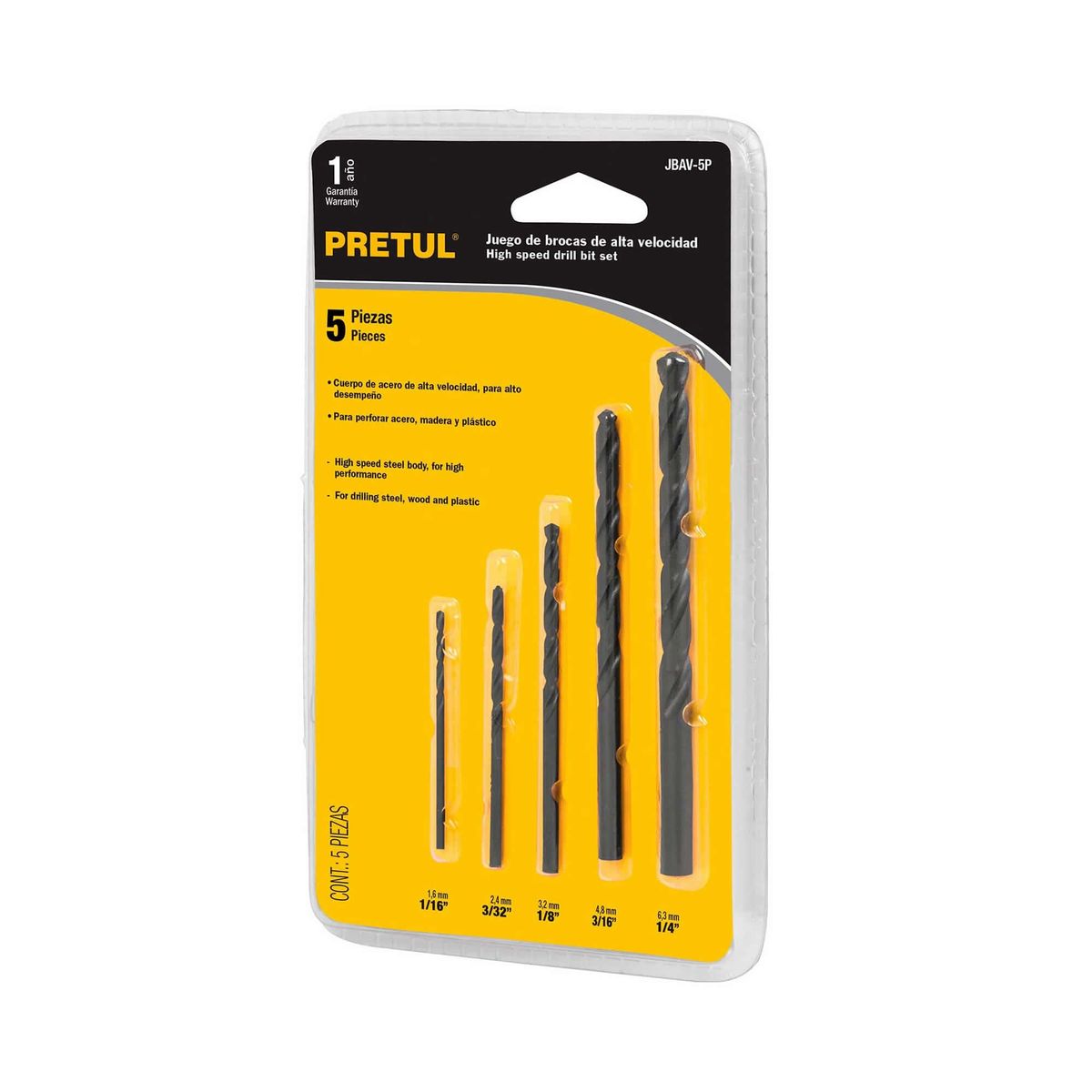 PRETUL - Juego De 5 Brocas Acero Rápido Para Metal, Madera Y Plástico Pretul