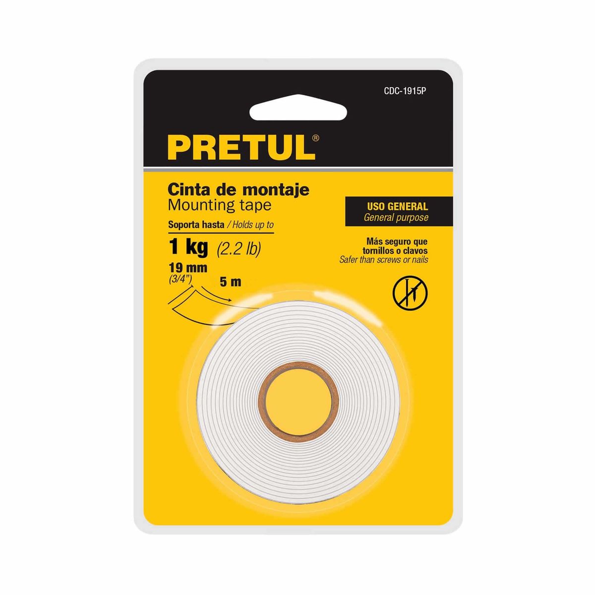 PRETUL - Cinta Doble Faz De 5 Metros Para Uso Hogar, Hot Melt Pretul
