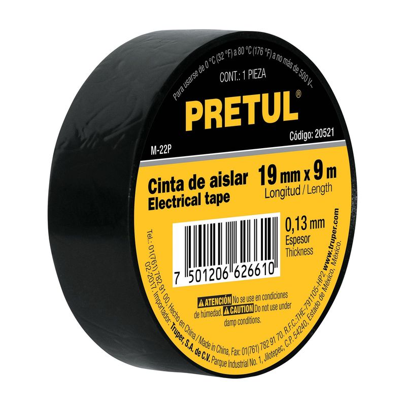 PRETUL - Cinta De Aislar Hogar De Pvc Negra De 9 M X 19 Mm Pretul