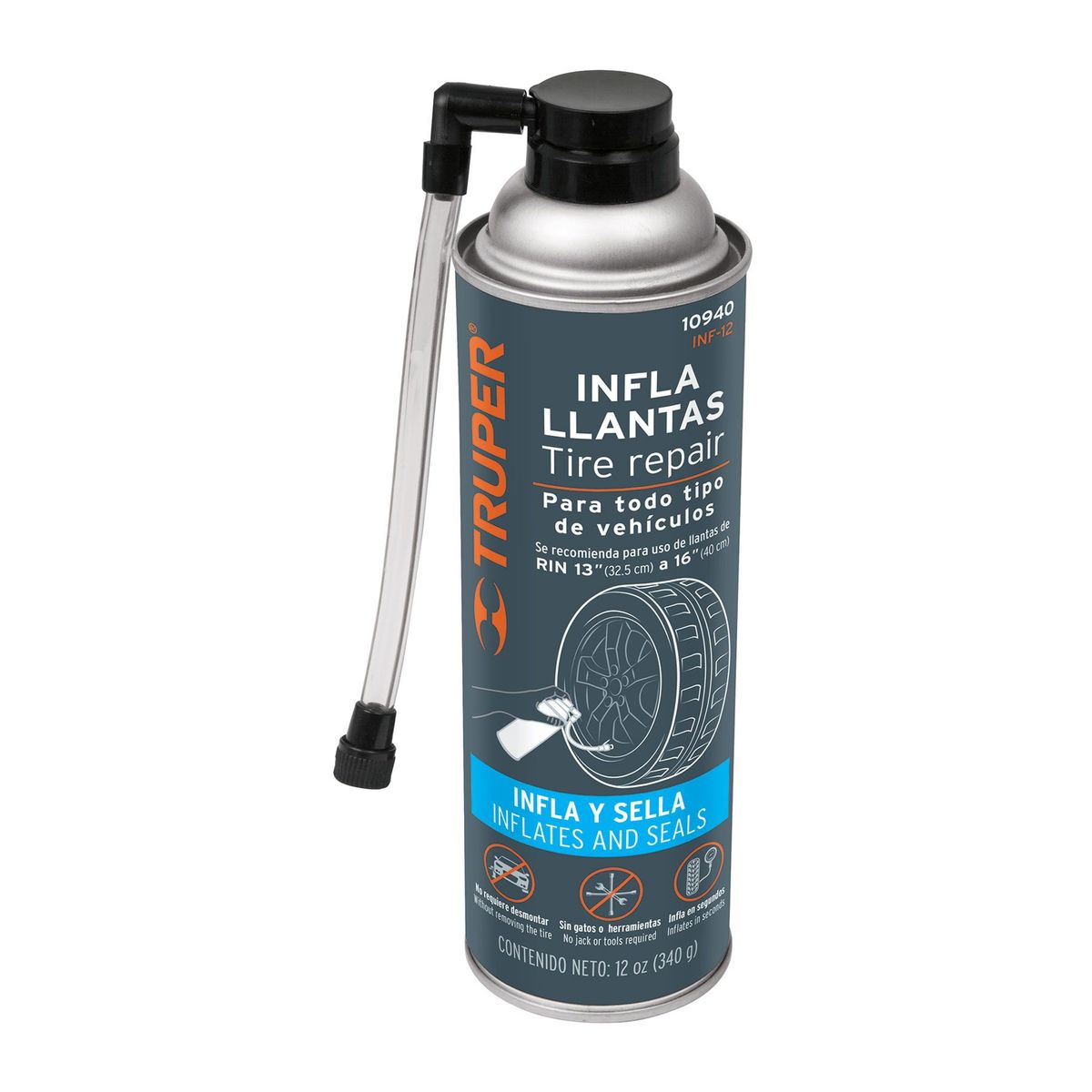 TRUPER - Sellador e Inflador para Llantas Rin 13" a 16" Truper