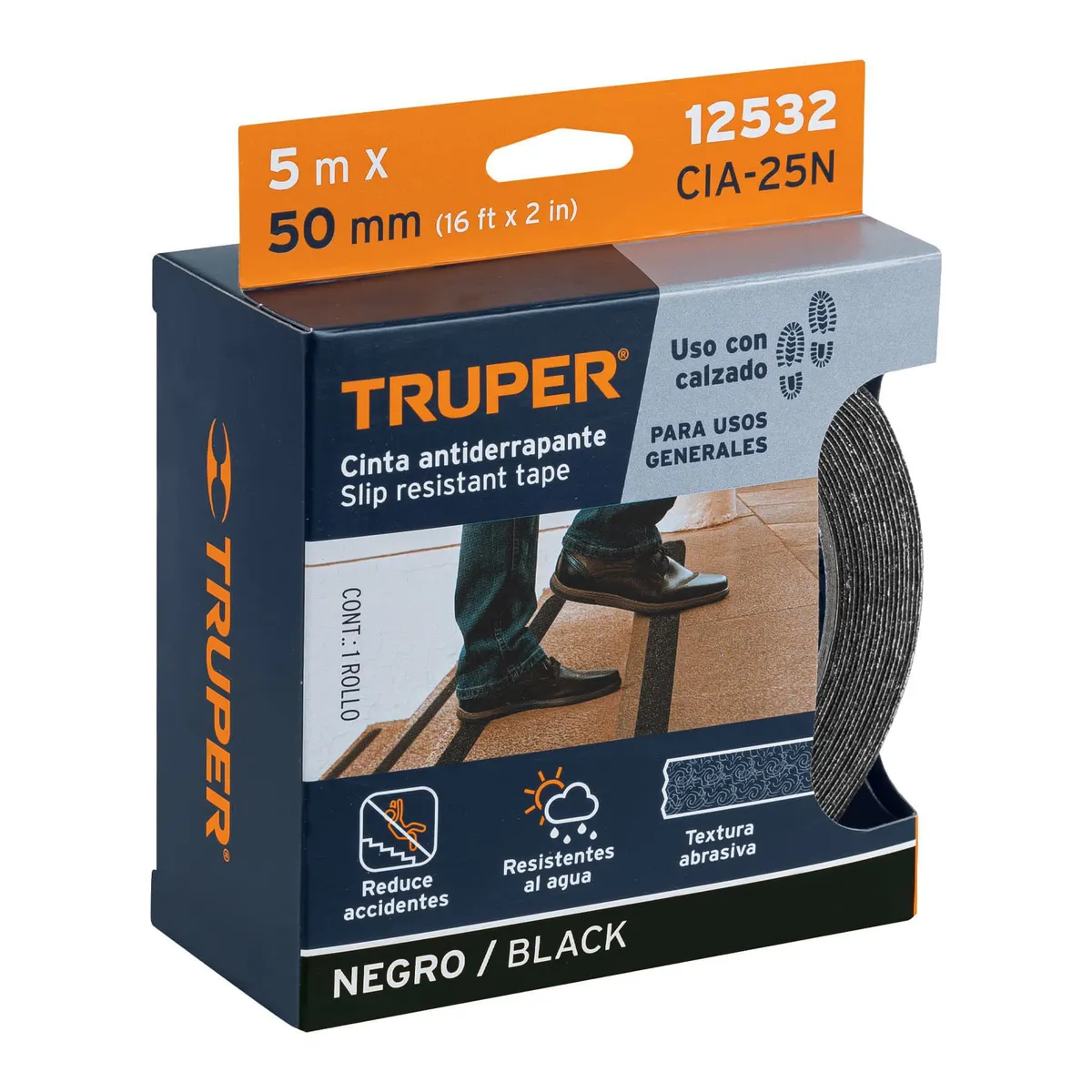 TRUPER - Cinta Antiderrapante Para Pisos De 5 M X 5 Cm Con Adhesivo Truper