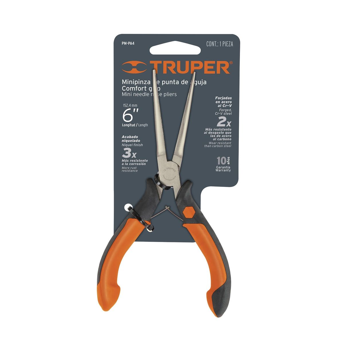 TRUPER - Alicate De Punta Aguja Profesional De 6", Comfort Grip Truper
