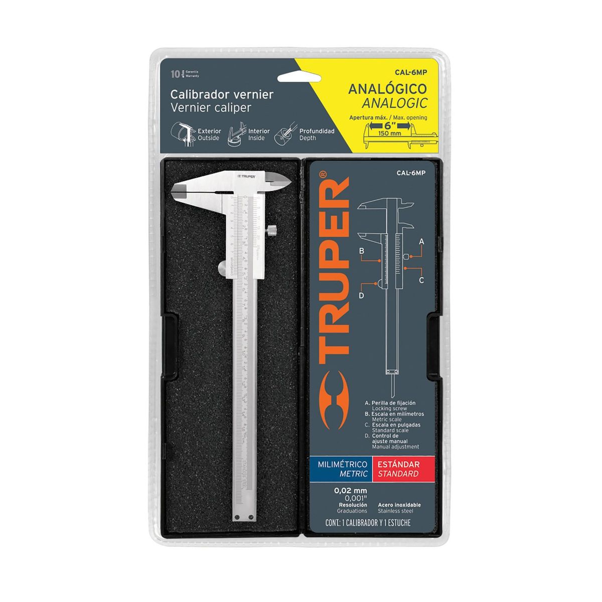 TRUPER - Calibrador Pie De Rey Manual En Acero Inoxidable Y Estuche Truper