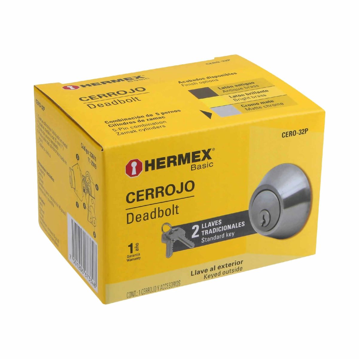 HERMEX - Cerrojo O Chapa De Seguridad Para Entrada, Cromo Mate Hermex