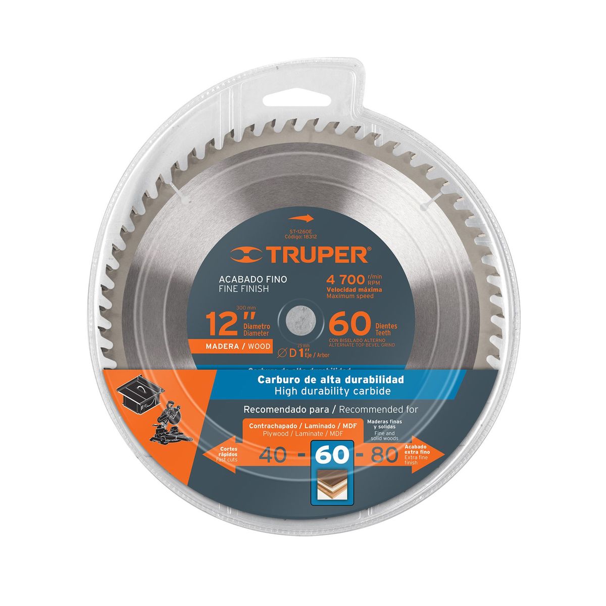 TRUPER - Disco Sierra Madera de 12", Centro 1", 60 Dientes Truper