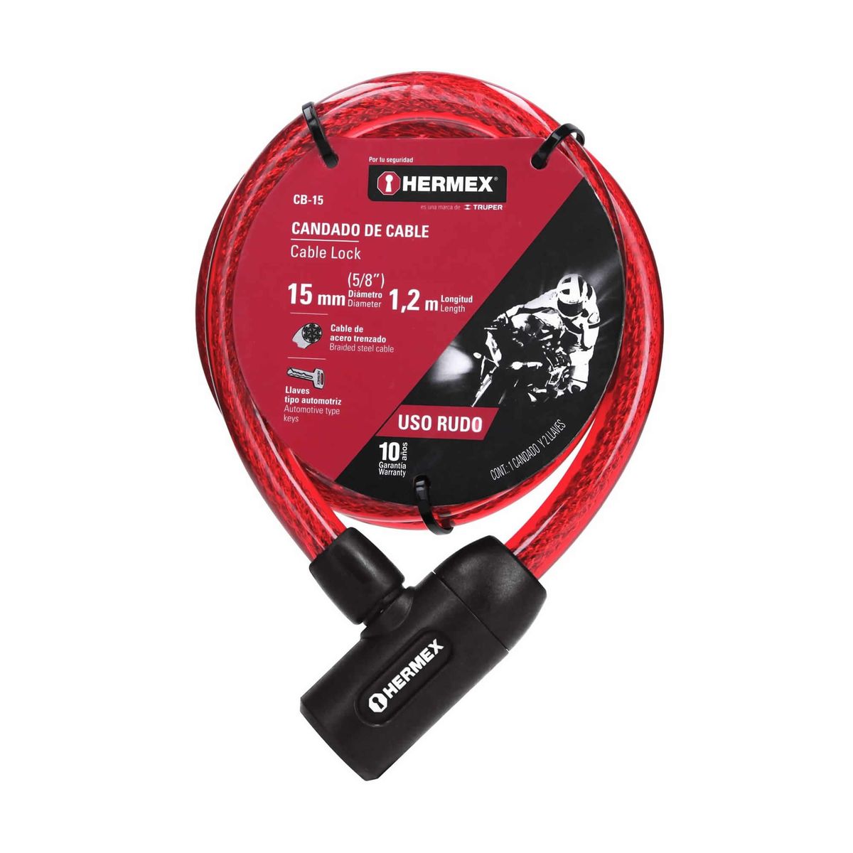 HERMEX - Guaya De Seguridad De 1.20 M X 15 Mm Uso Rudo, Con 2 Llaves Hermex