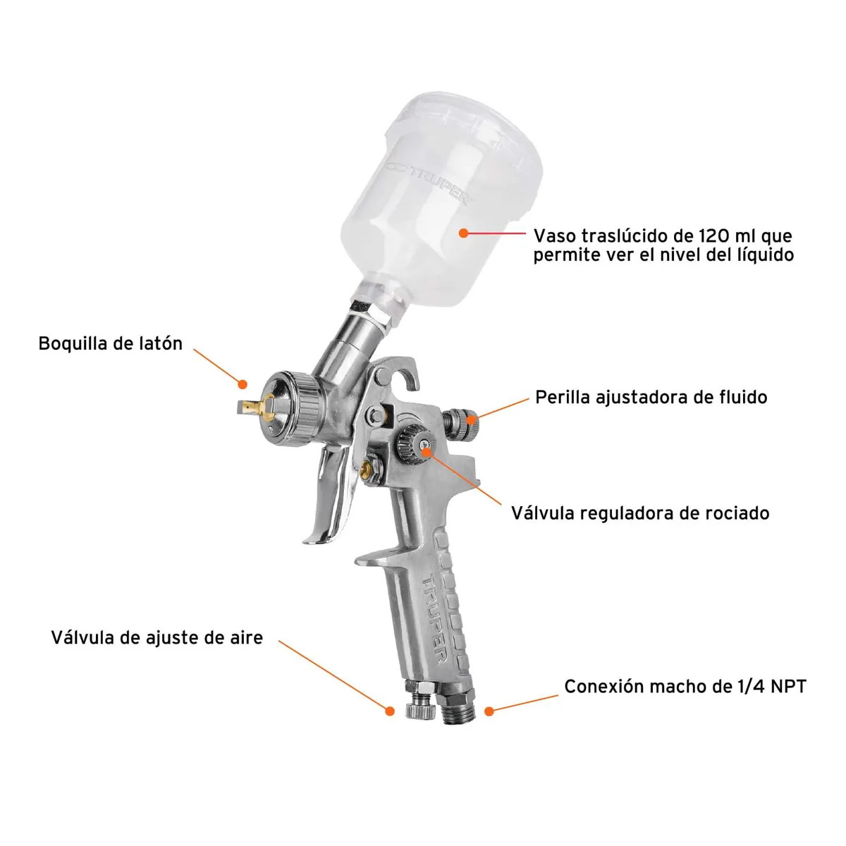 TRUPER - Pistola Para Pintar De Gravedad Hvlp 120 Ml, Boquilla 1.0 Mm Truper