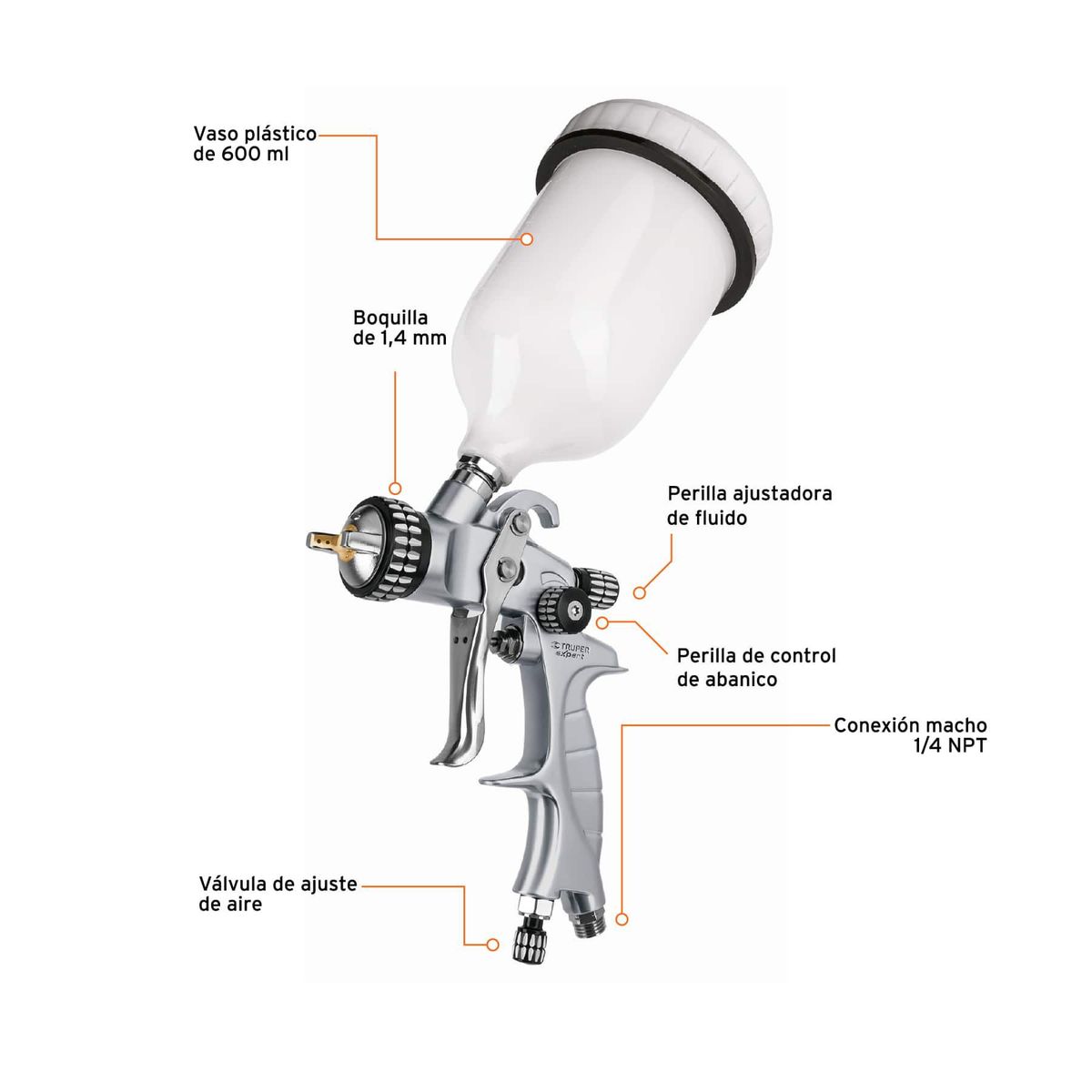 TRUPER - Pistola De Gravedad Hvlp 600 Ml, 1.4 Mm Con Vaso De Nylon Truper