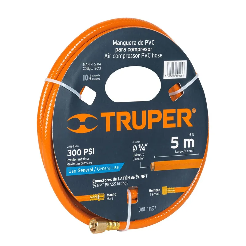 TRUPER - Manguera Para Compresor De Pvc 5 M, 1/4" Npt, 300 Psi Truper