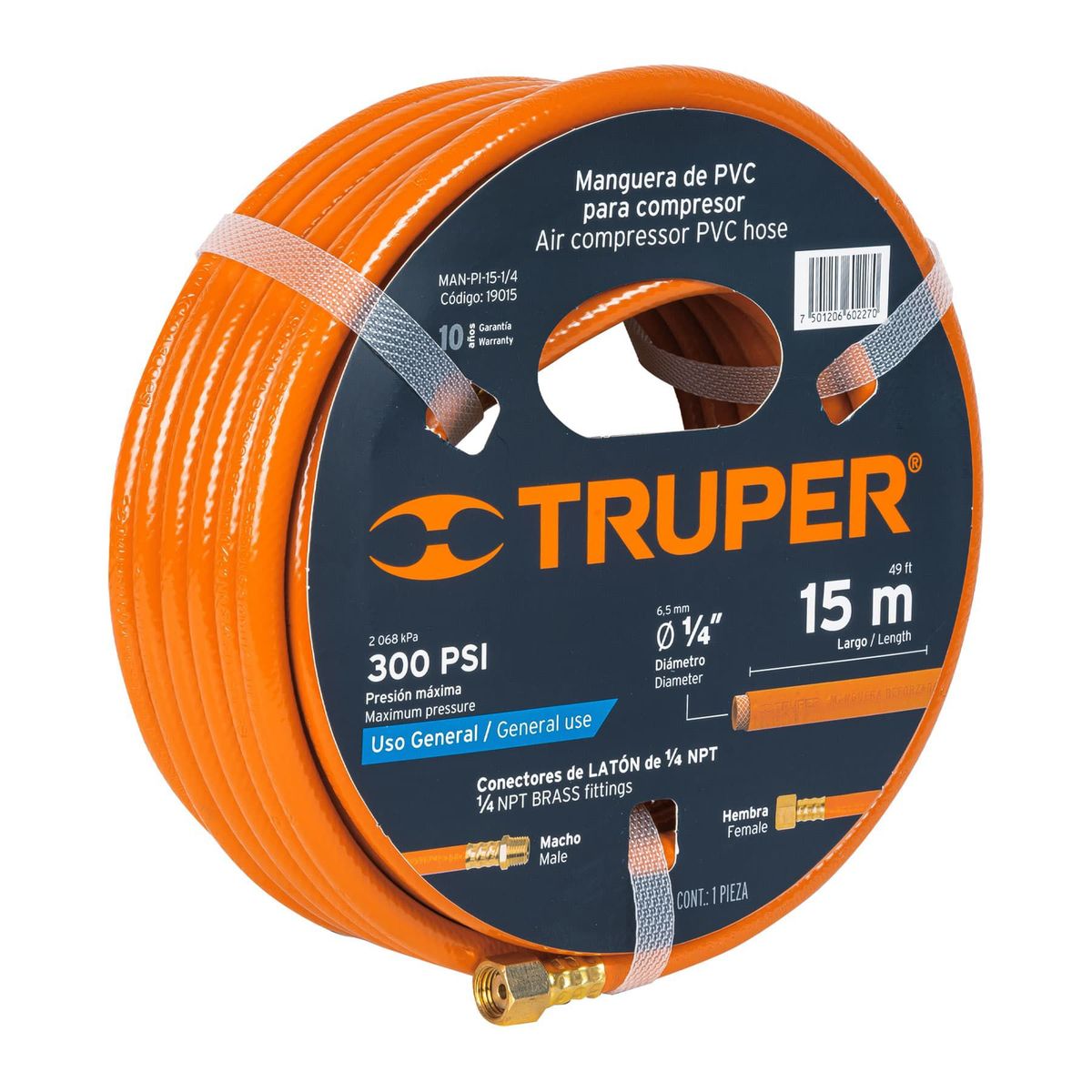TRUPER - Manguera Para Compresor De Pvc 15 M, 1/4" Npt, 300 Psi Truper