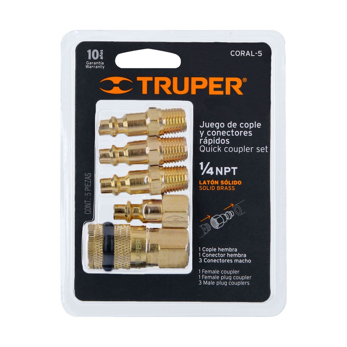 TRUPER - Juego De Acoples Rápidos En Latón Para Compresor, 5 Piezas Truper