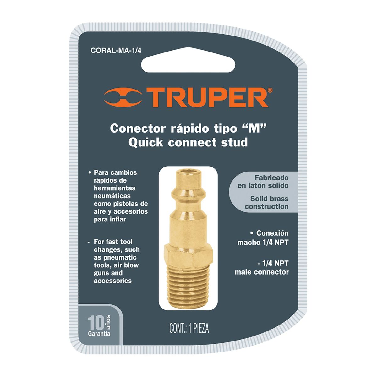 TRUPER - Conector Rápido De Latón De 1/4 Npt Para Compresor, Macho Truper
