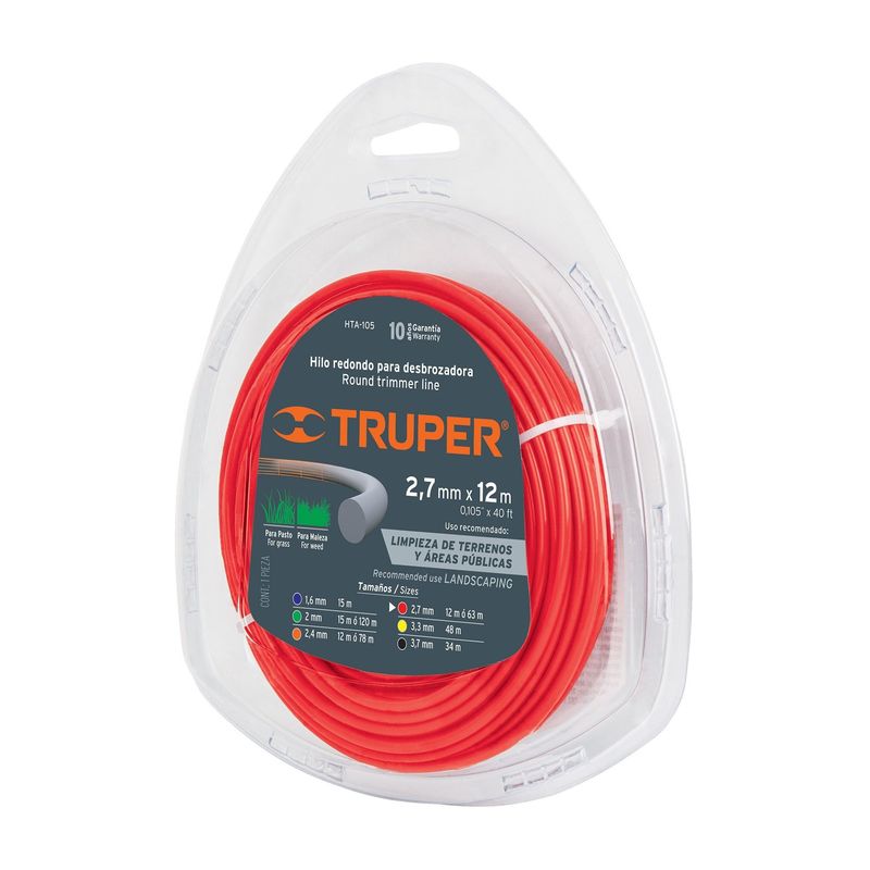 TRUPER - Hilo Redondo Para Guadañadora De 12 M, Diámetro 2.7 Mm Truper