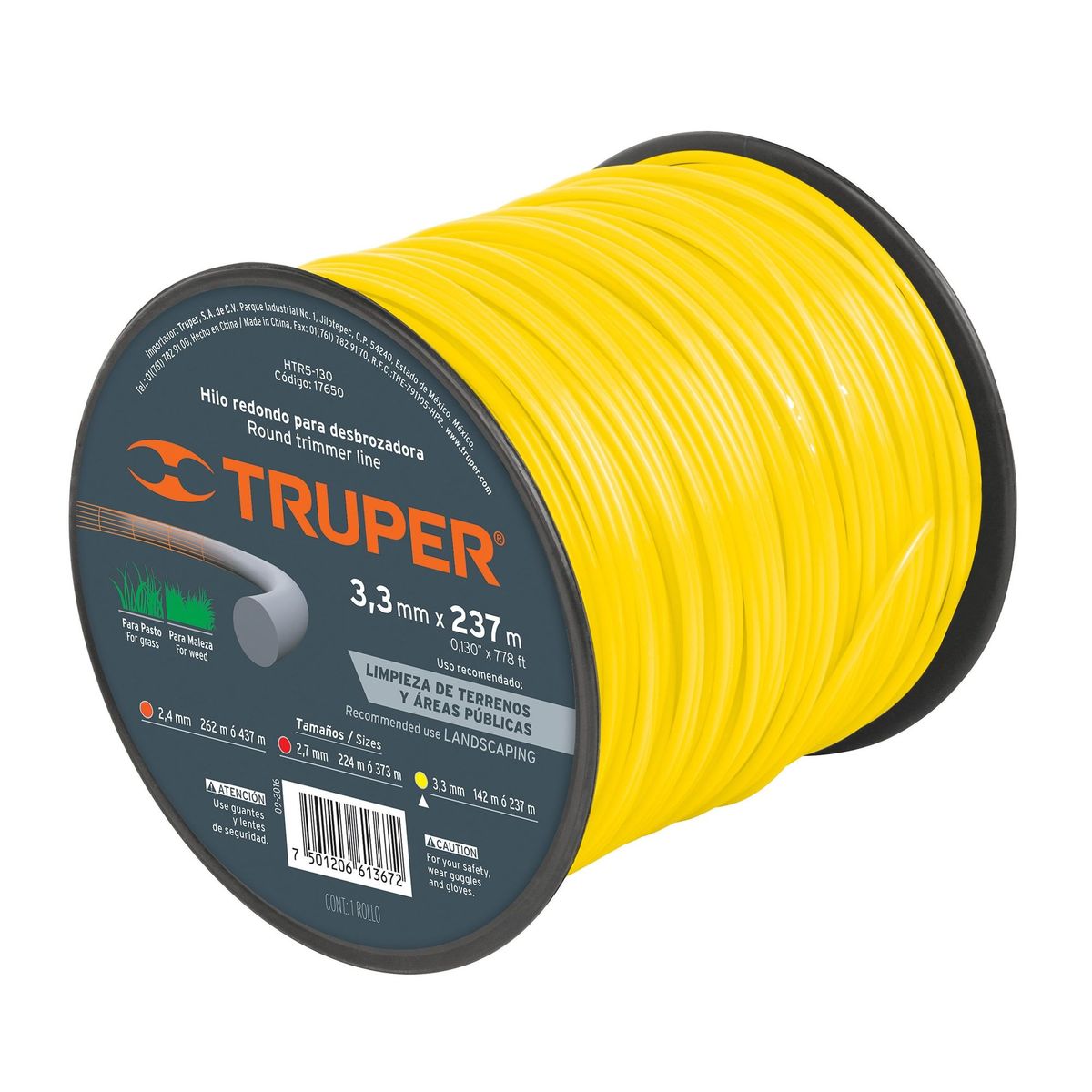 TRUPER - Hilo Redondo Para Guadañadora De 237 Metros, Diámetro 3.3 Mm Truper