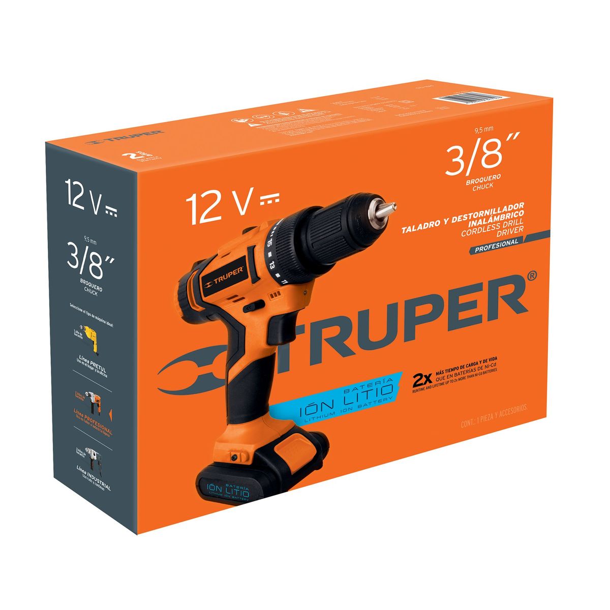 TRUPER - Taladro Inalámbrico 3/8" Profesional, 12 V Y Torque 13 Nm Truper