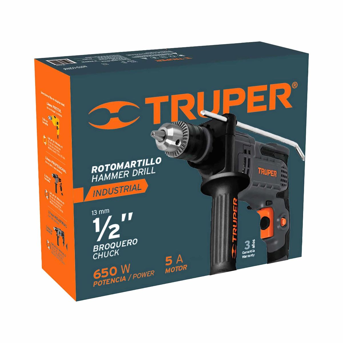 TRUPER - Taladro Percutor 1/2" Industrial 650 W Con Mango De Apoyo Truper