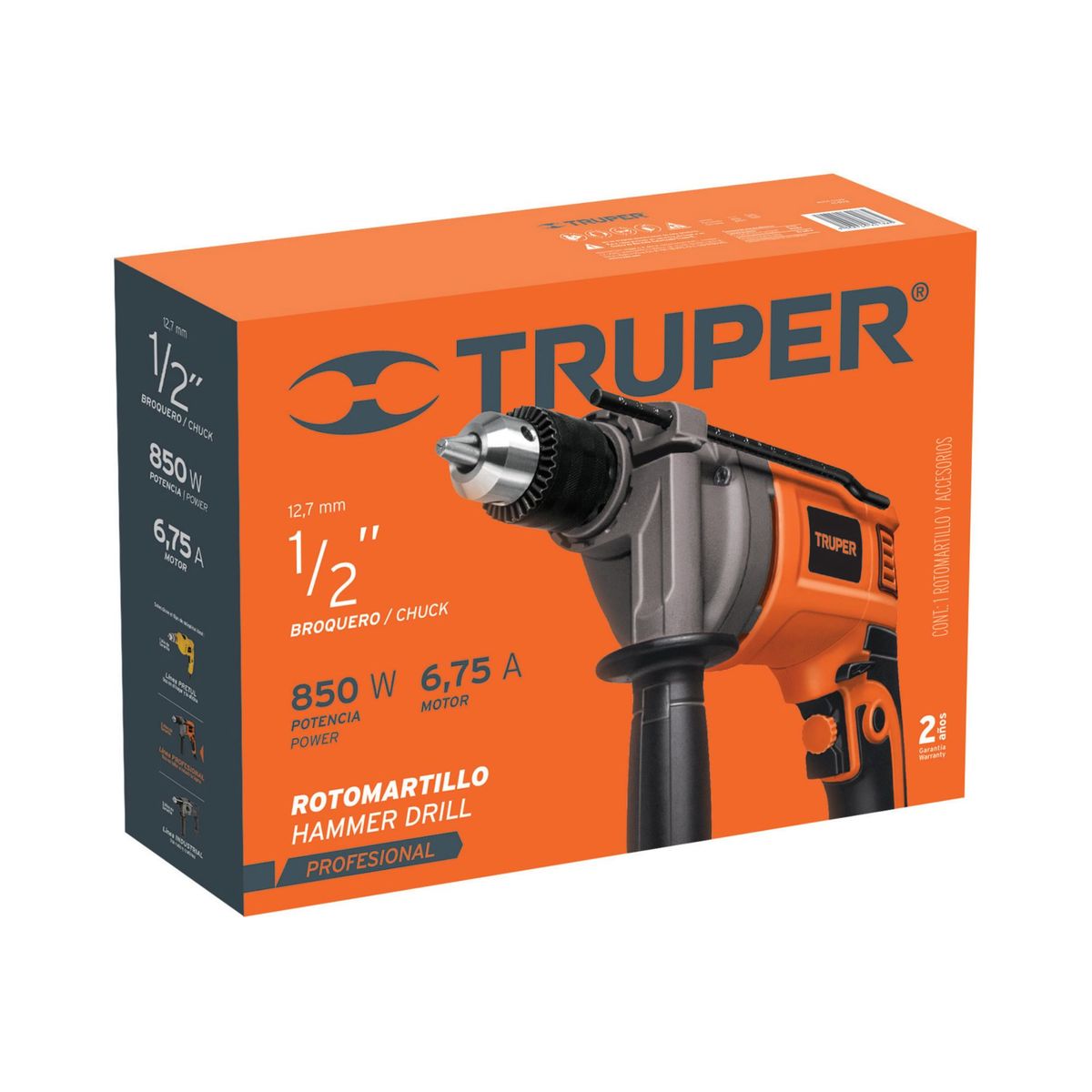 TRUPER - Taladro Percutor 1/2" Reversible 750 W Con Mango De Apoyo Truper